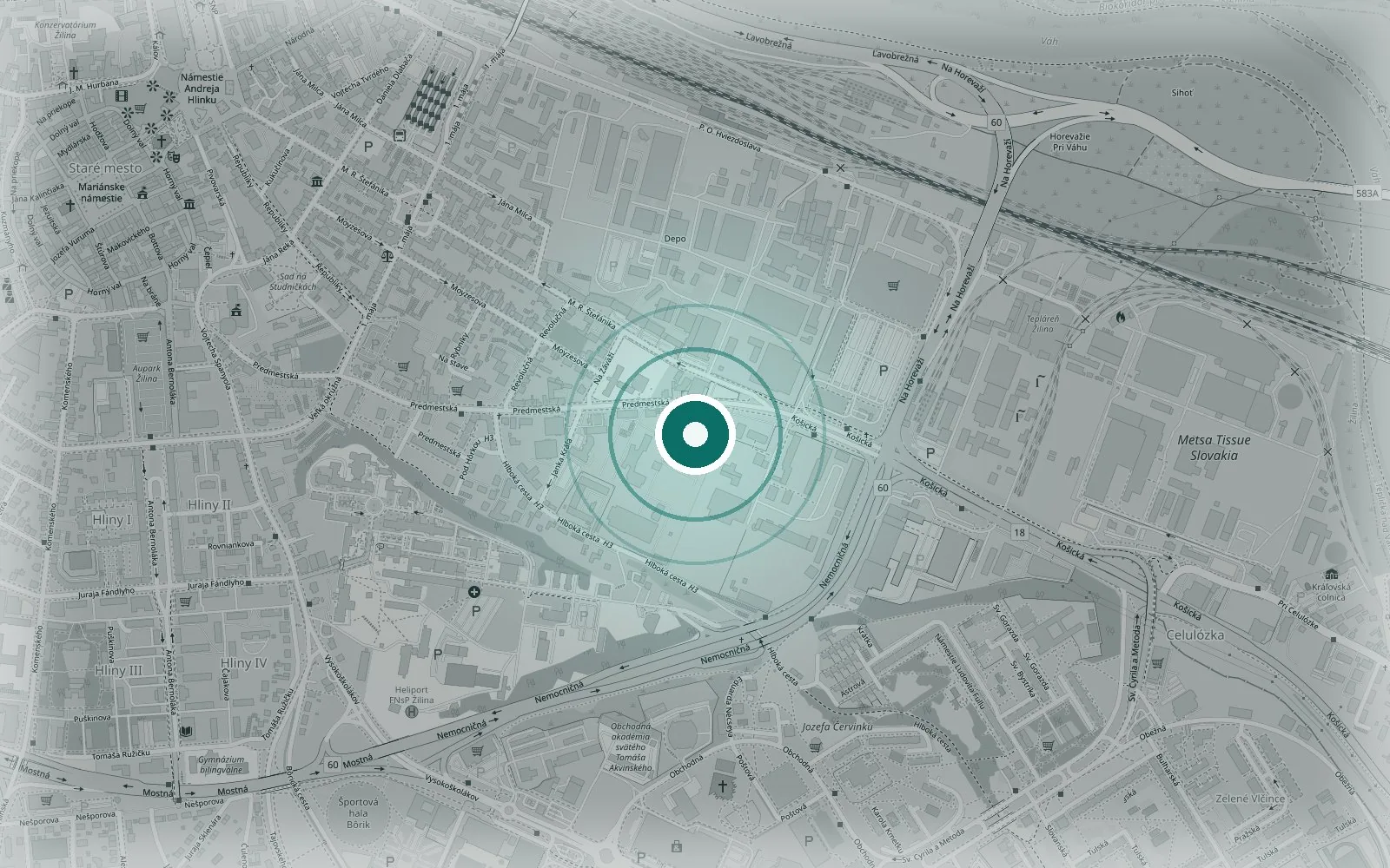 Mapa Žiliny s polohou pobočky BioRelax na Predmestskej ulici