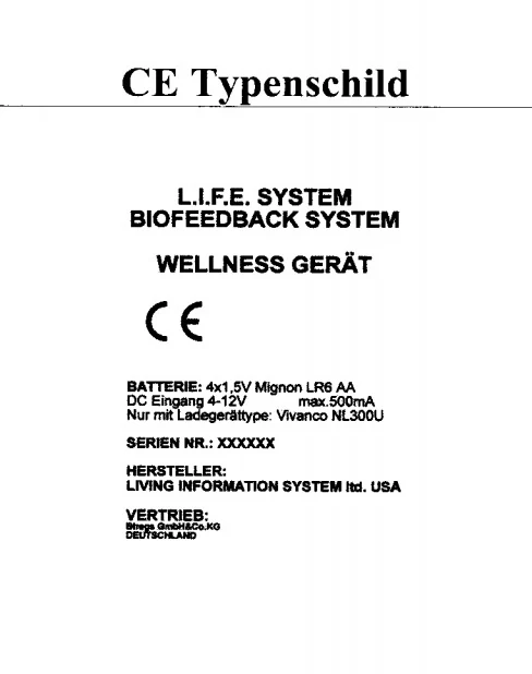 Sken typového štítku CE prístroja L.I.F.E. System